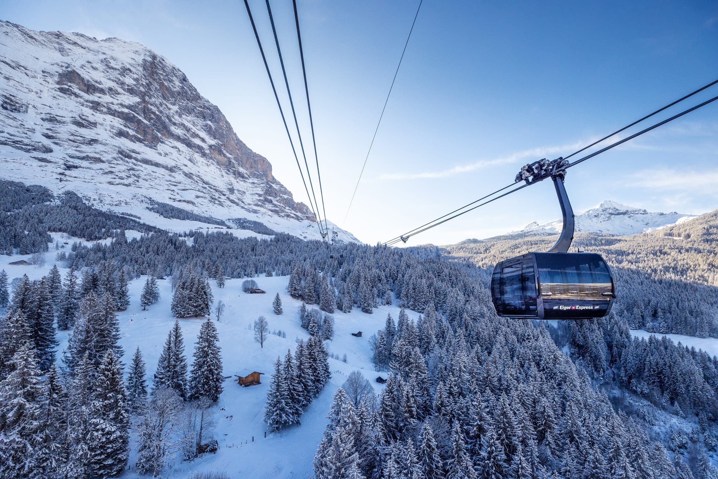 Eiger Express gondola above a snowy forest, with the Eiger in the background