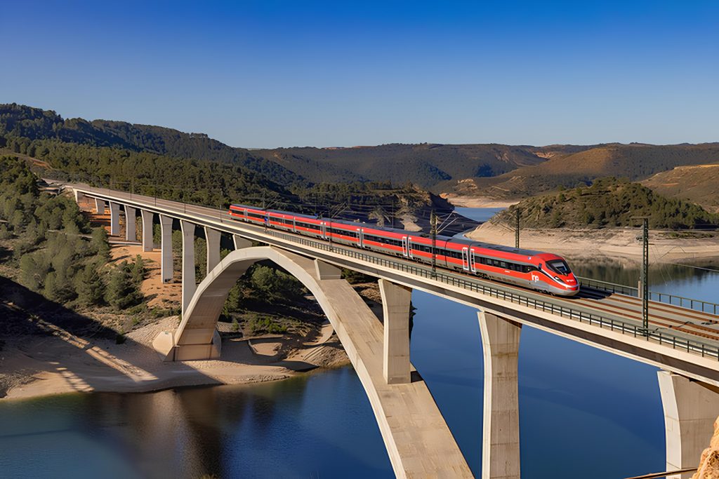 IRYO’nun kırmızı hızlı treni, İspanya’nın yeşil vadileri ve göletleri üzerinden geçen bir viyadükte ilerlerken görülüyor.
