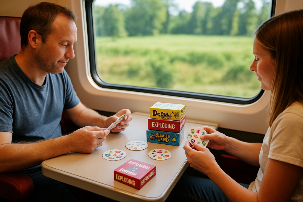 “Eurostar tren yolculuğunda bir çift, masa üzerinde Dobble, Jungle Speed ve Exploding Kittens gibi kutu oyunlarını oynarken keyifli vakit geçiriyor. Masada oyun kutuları üst üste dizilmiş, pencereden yeşil doğa manzarası görünüyor.