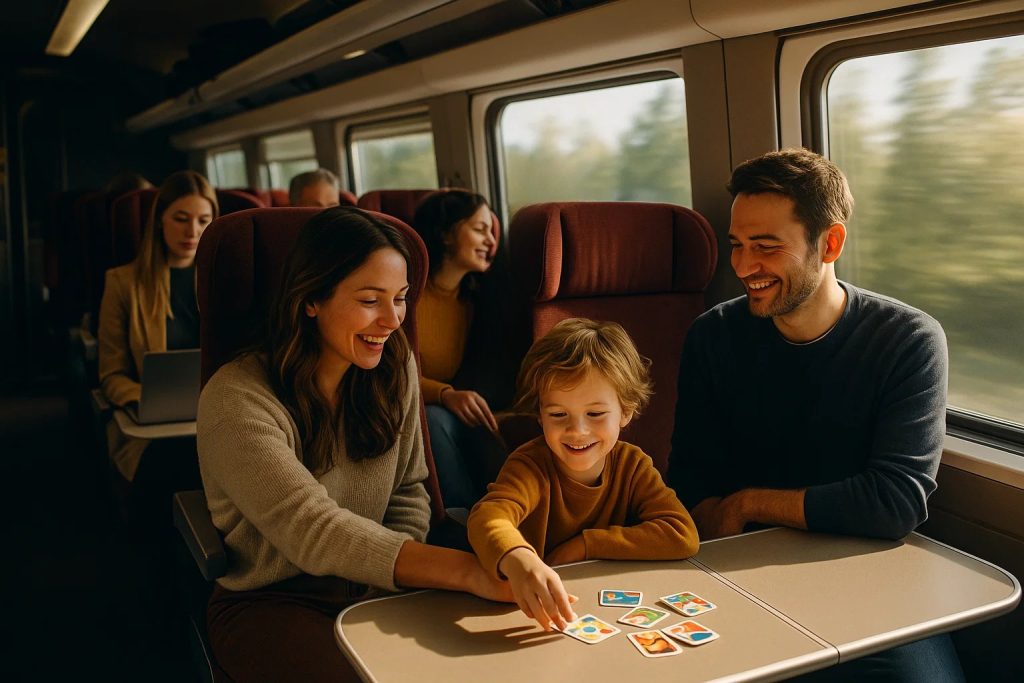 Eurostar treninde seyahat eden mutlu aile.EuroTrain.net ile Avrupa’da ailece konforlu ve keyifli tren yolculuğu deneyimi.