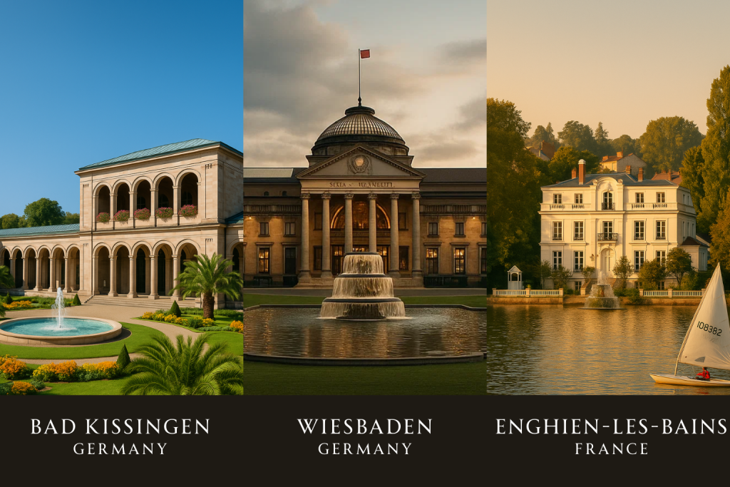 Avrupa'nın üç büyük kaplıca şehrini gösteren kolaj: Bad Kissingen (Almanya), Wiesbaden (Almanya) ve Enghien-les-Bains (Fransa).