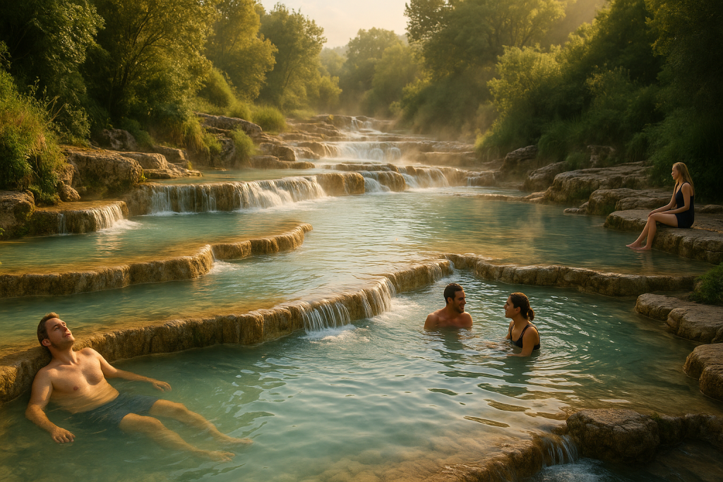 Avrupa’daki termal spa kasabalarında turkuaz renkte doğal havuzlarda dinlenen gezginler – wellness turizmi, sağlık ve kültür odaklı tren yolculukları