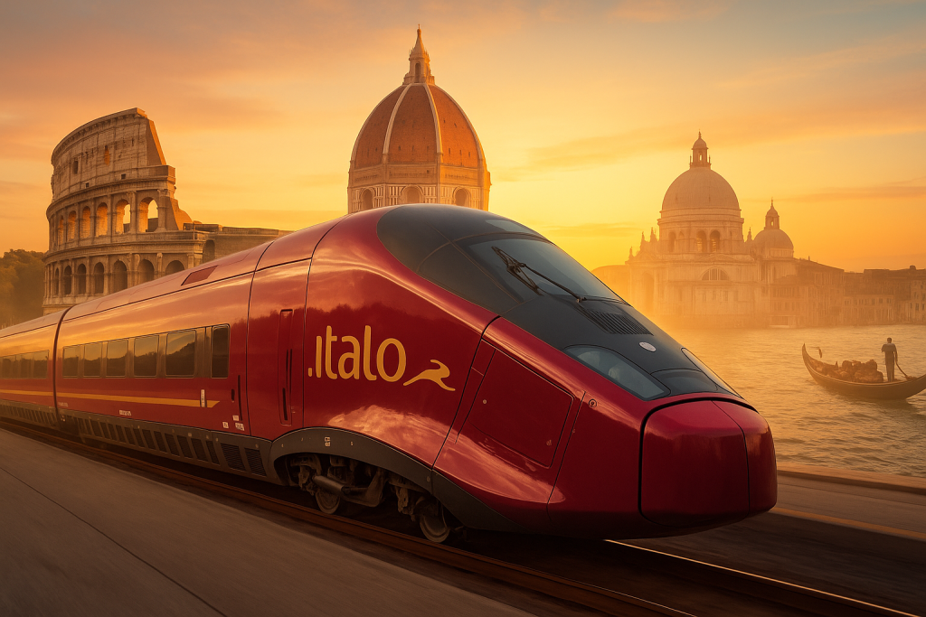 Kırmızı Italo yüksek hızlı treni, ön planda Kolezyum (Roma), Floransa Duomo ve Venedik kanallarıyla gün batımı manzarasında.