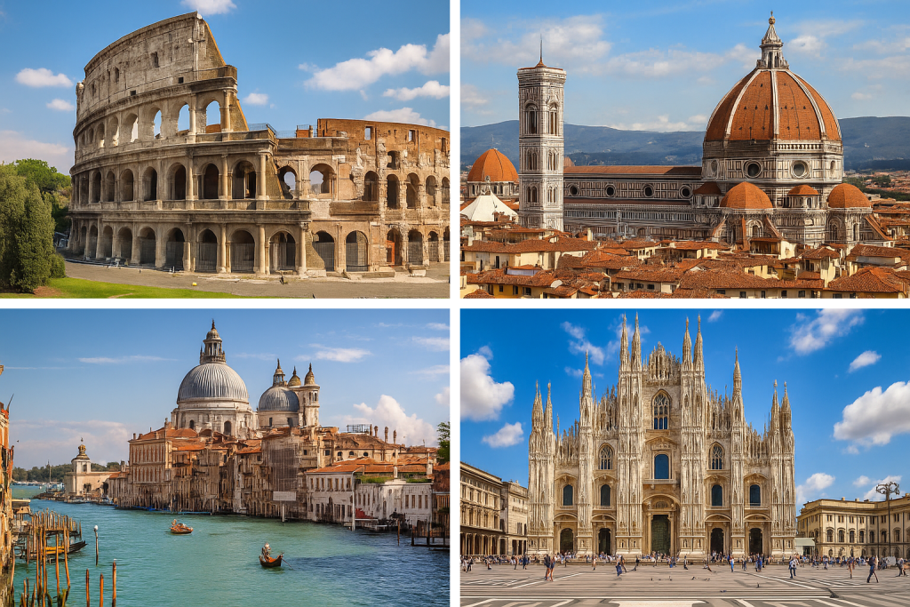 Italo Treno’nun geçtiği İtalya şehirleri kolajı – Roma Kolezyum, Milano Duomo, Floransa Duomo ve Venedik kanalları, hızlı tren ağına bağlanan simgeler.